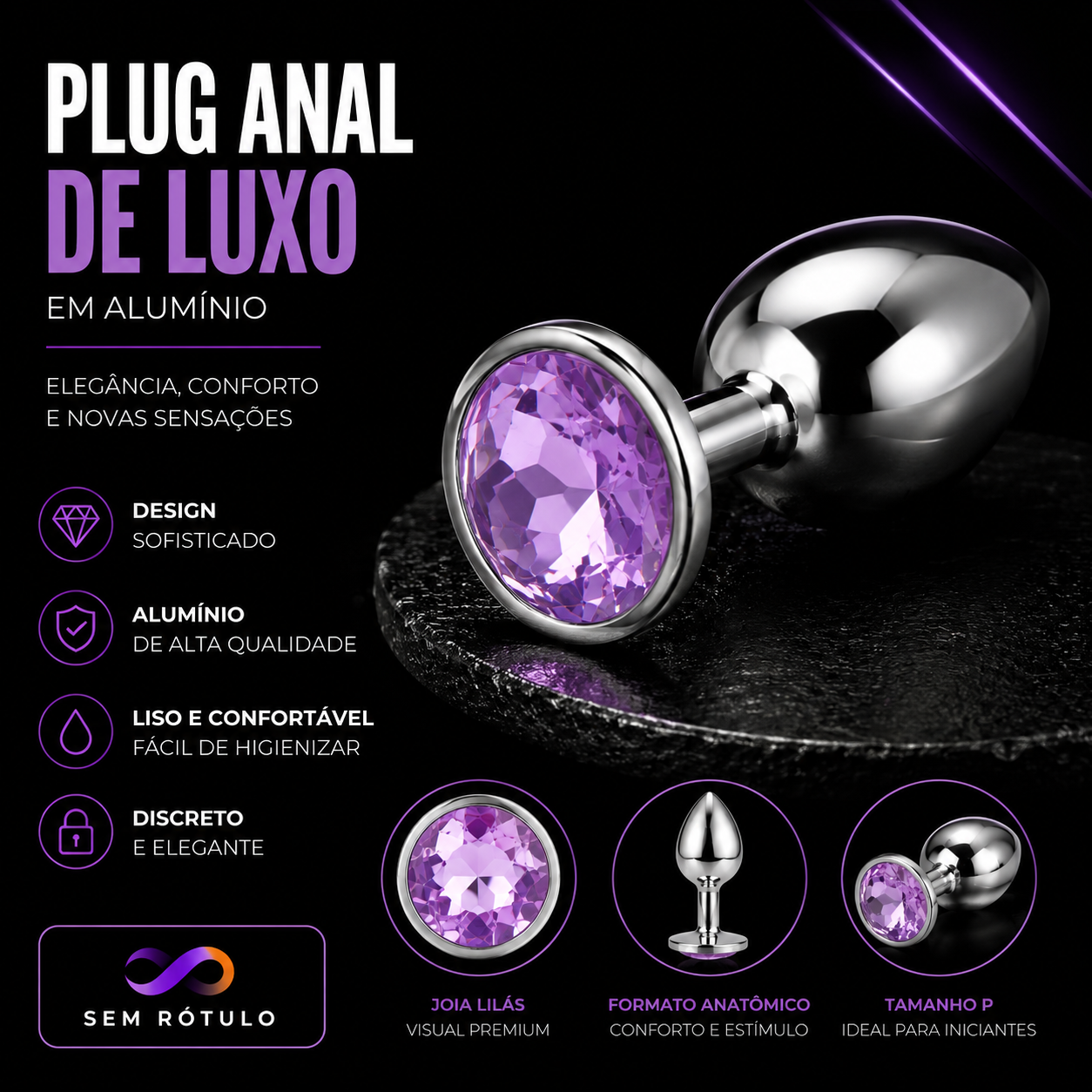 Plug Anal de Luxo em Alumínio - Tamanho P - Lilás