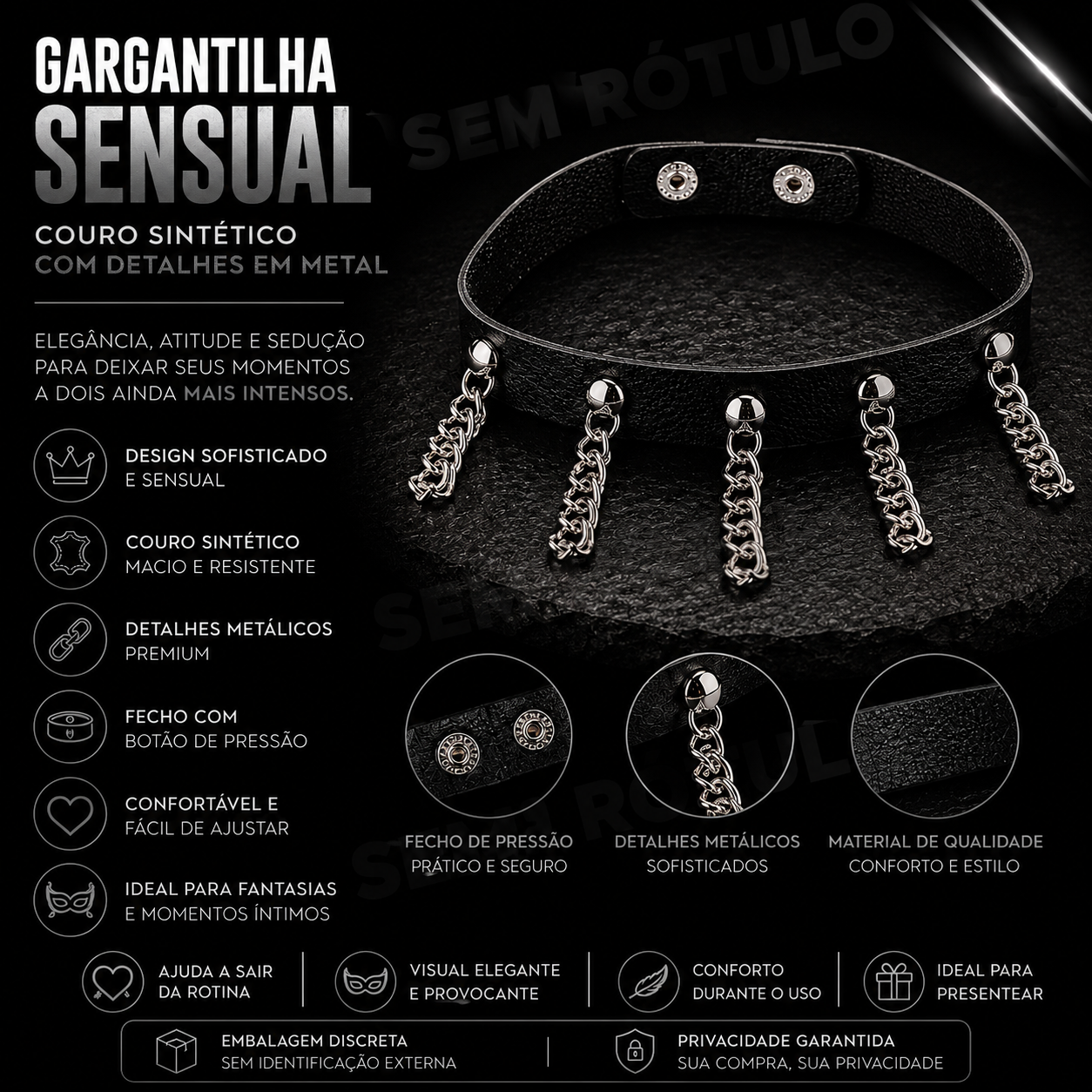 Gargantilha Sensual em Couro Sintético e Metal