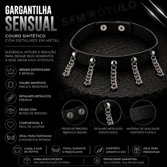 Gargantilha Sensual em Couro Sintético e Metal