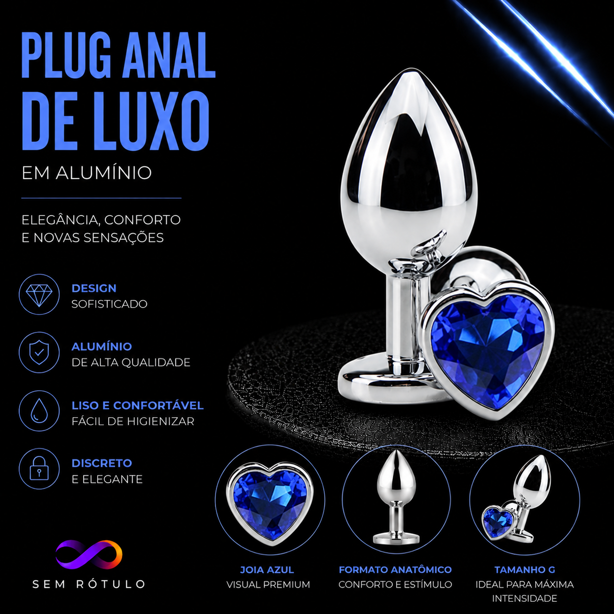 Plug Anal de Luxo em Alumínio Coração - Tamanho G - Azul